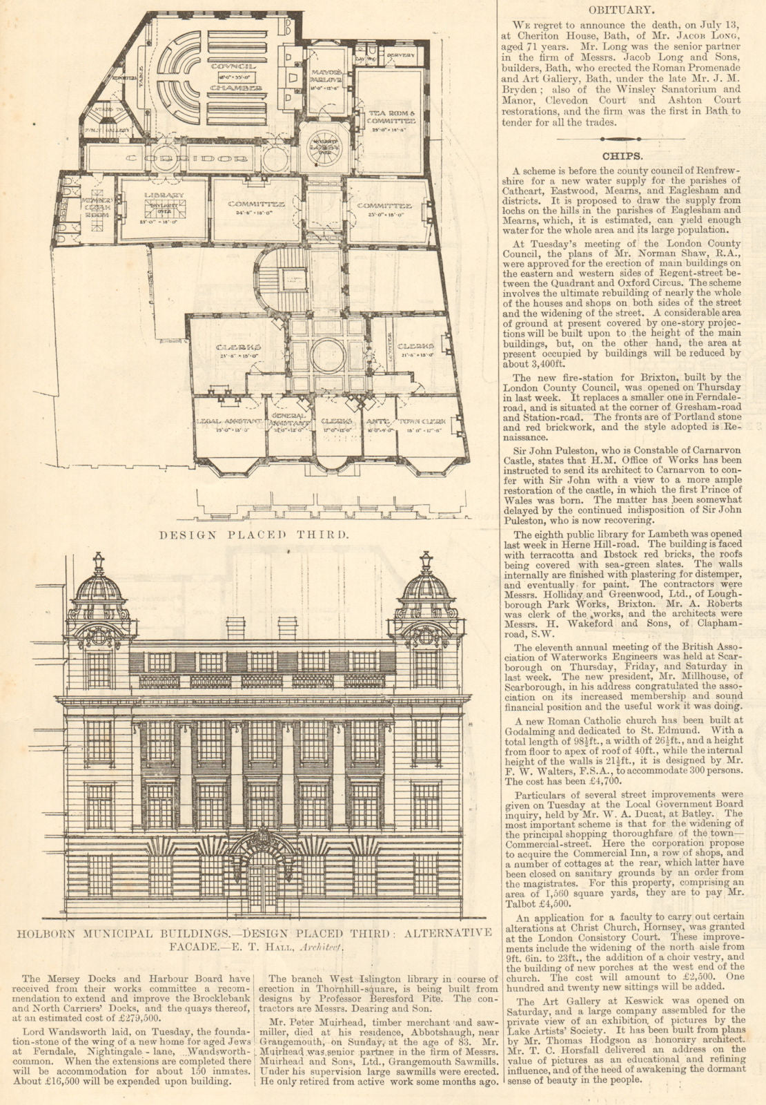 Holborn Municipal Buildings, Design. Alternative facade. ET Hall, Architect 1906